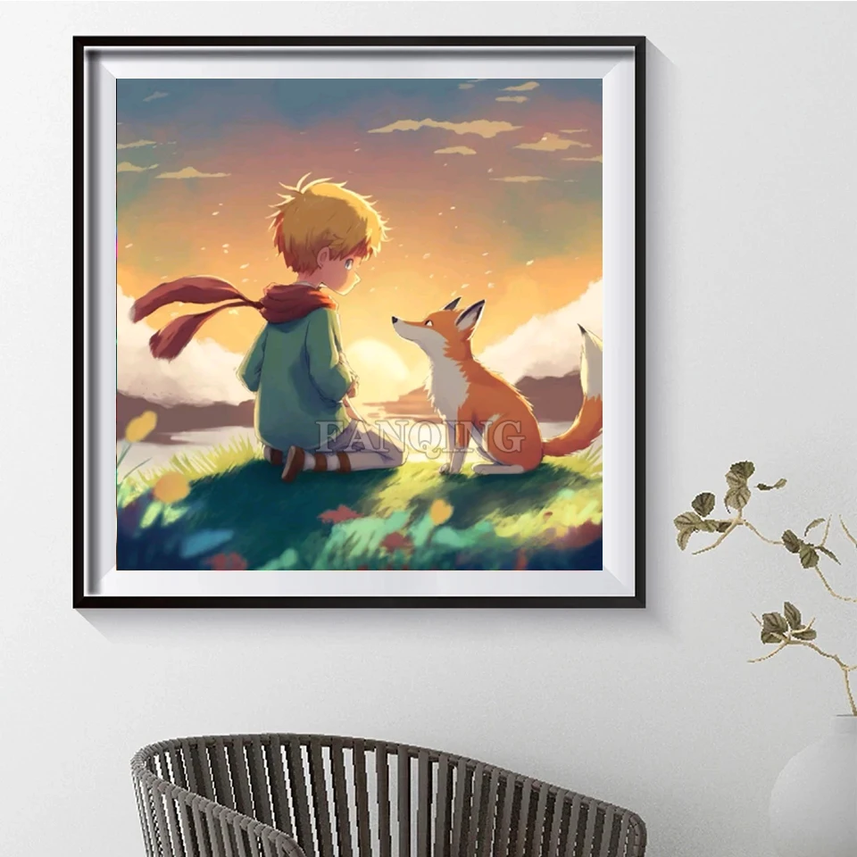 5D DIY Diamond Painting Anime Little Prince and Fox Rose Full Square Rhinestones Mosaic Cross Stitch Embroidery Picture Y69