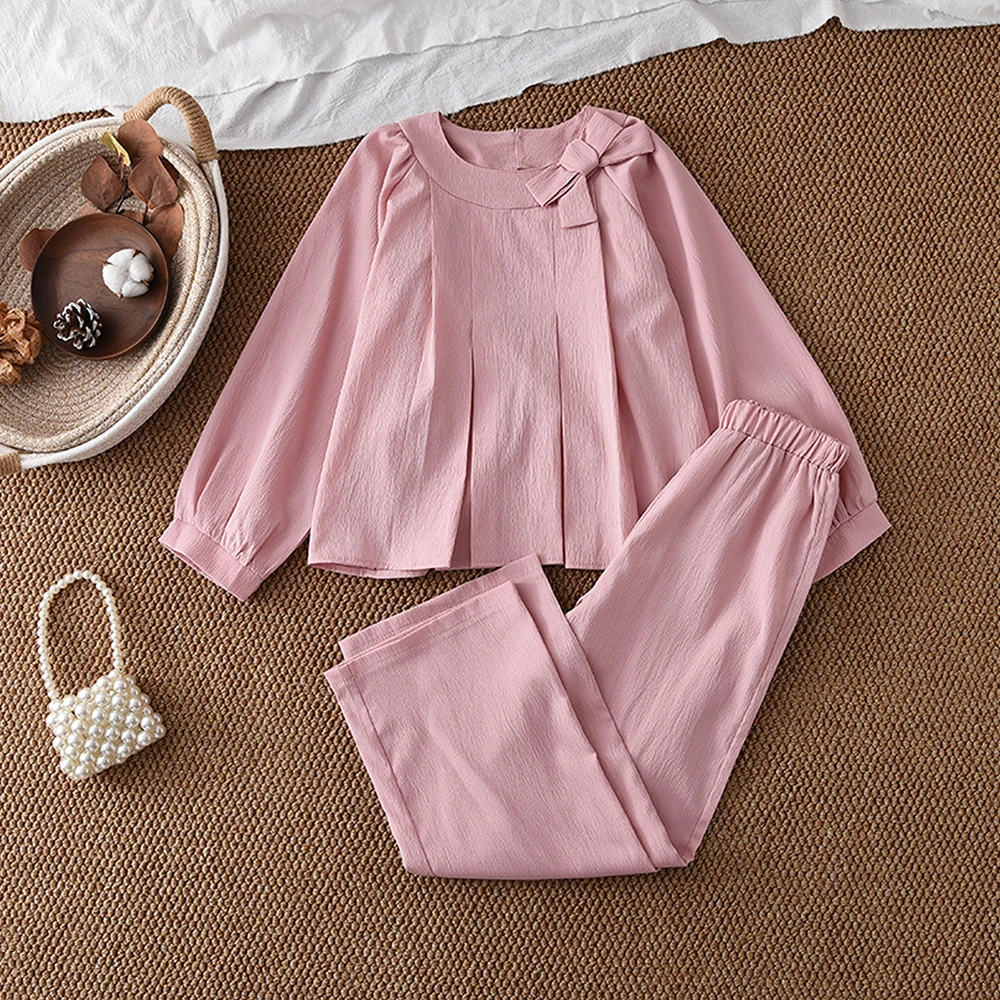 

Осенняя розовая одежда Bear Leader для девочек-подростков, топ с длинными рукавами и брюки с украшением в виде банта, корейская версия, однотонный детский комплект