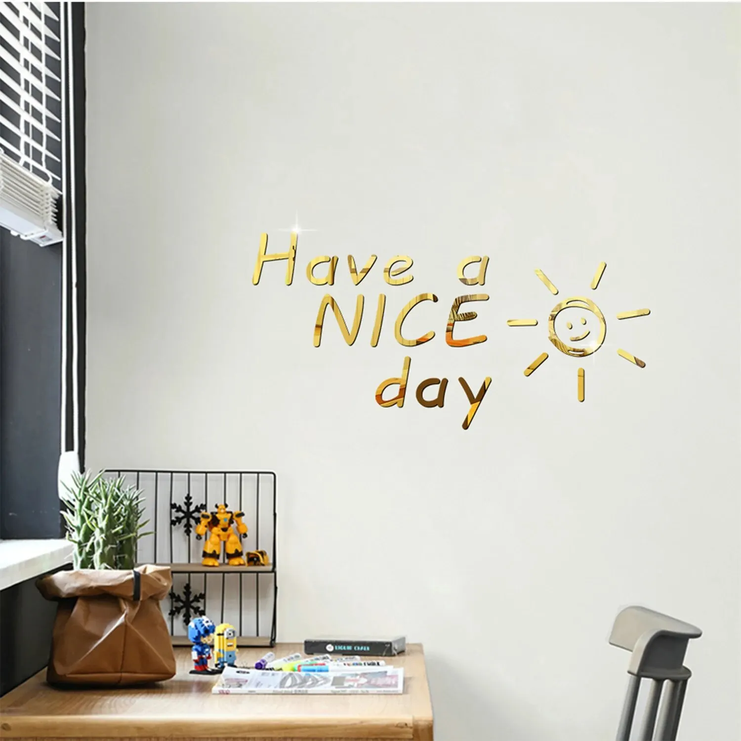 Smiling Sun HAVE A NICE DAY 3D Mirror Wall Sticker Study Background Wall Sticker Painting Wall Decoration