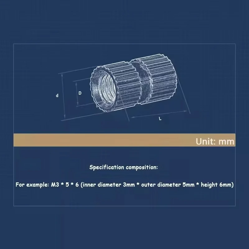 Double-grooved Knurled Brass Insert Nuts, Straight-through, Copper Injection-moulded Threaded Inserts M2 M2.5 M3 M4 M5 M6 M8 M10