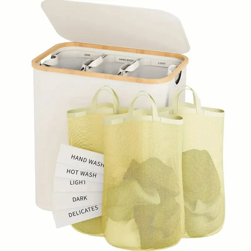 سلة الملابس القذرة سلة الخيزران لغرفة النوم مع جيب داخلي مع غطاء سلة تخزين الملابس القابلة للطي مع ملصق تصنيف