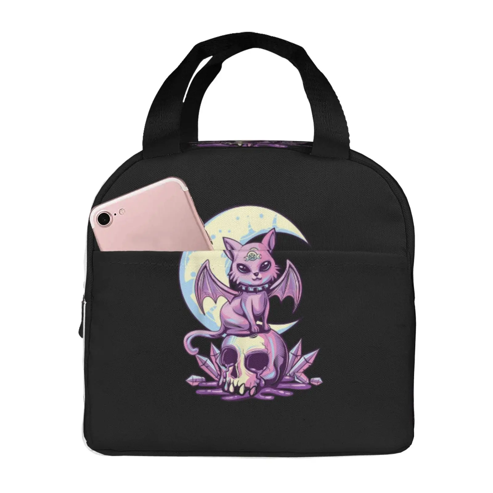 Pastel Goth Wiccan Cat Cute Creepy Witchy Cat and Skull Lunch Bag Portable Thermal Oxford Tote Bag for Work School Travel