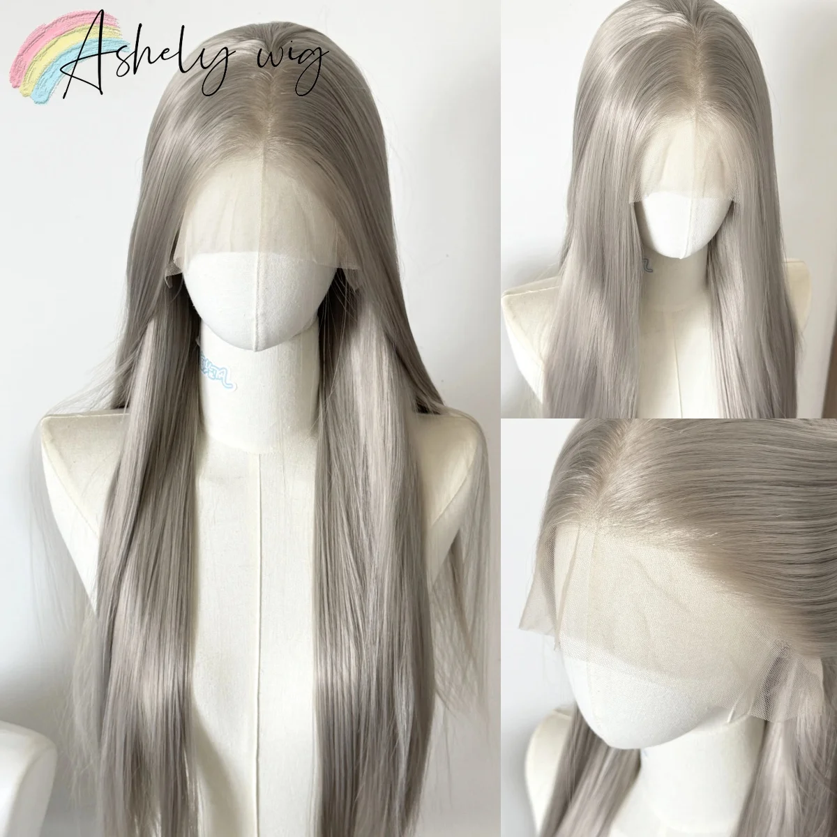 

Ash Blonde 13*4 Lace Wig for Women 26inch Long Straight Hair Wig Made of Hand-hooked Hair in Golden Grey Synthetic Headband Wigs