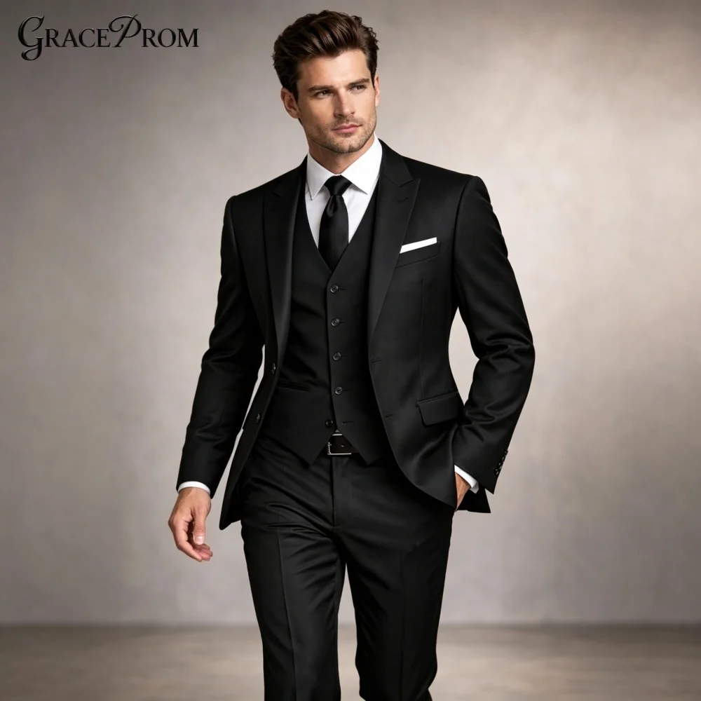 Classic Black 3PCS Men Tuxedo Single Breasted Vest Pants Set Notched Groom Suit For Wedding Banquet Formal Event Made to Measure