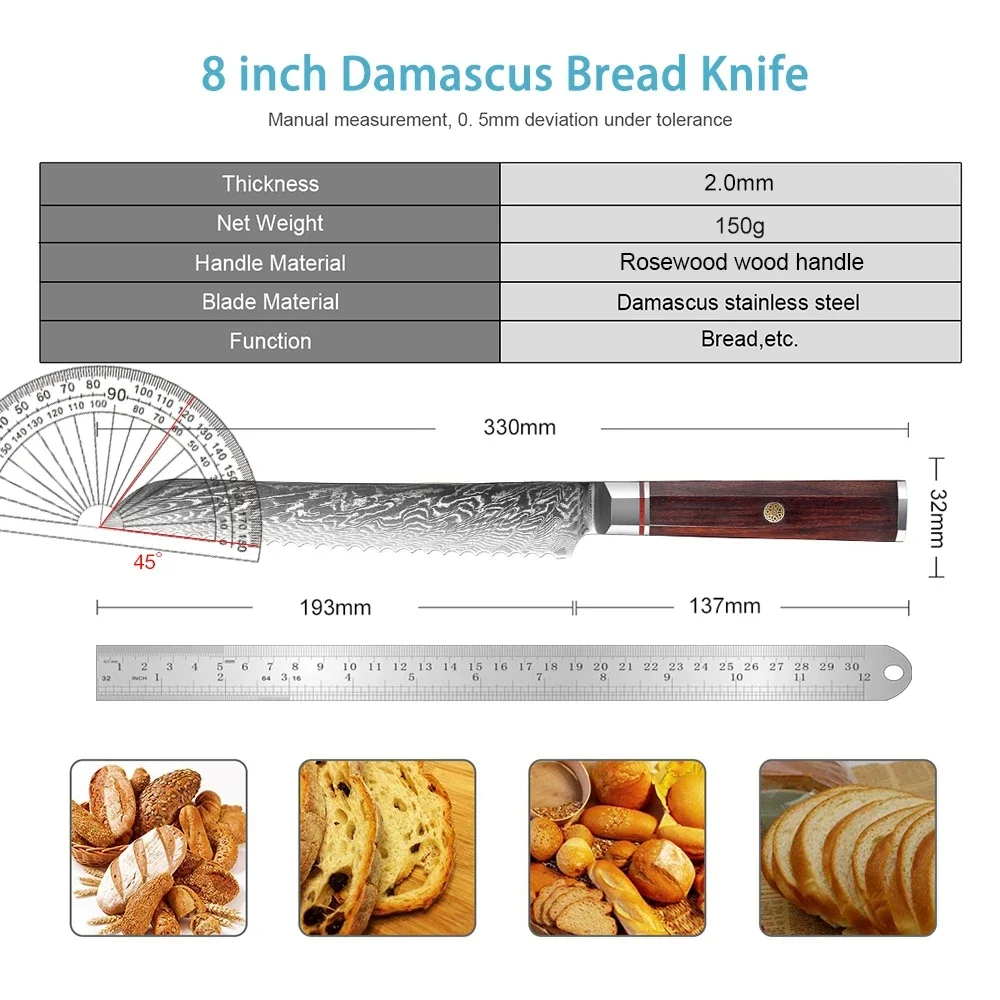 8 Inch Bread Knife Sharp Damascus VG10 Steel Blade Japanese Bread Knives Best Bread Cutting Knife Cake Knife for Homemade Pizza