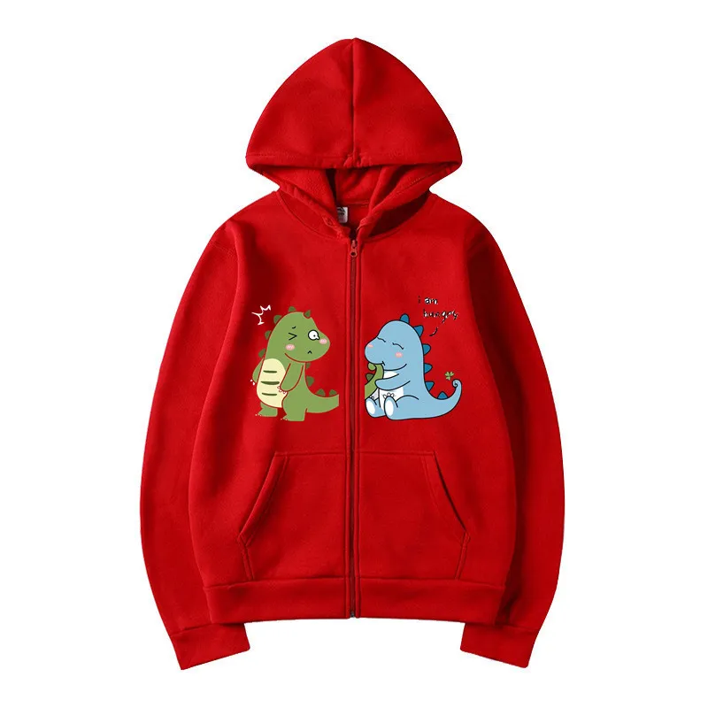 Love Crazy Dinosaur Couple Print Youth Hooded Sports Top Fleece Pullover Casual Jogging Fitness Sweatshirt