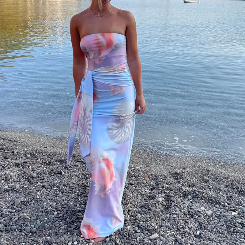 Femmes Sexy Tube Maxi robe été élégant sans manches à nouer taille longue robe Boho plage vacances robe sans bretelles Cocktail fête