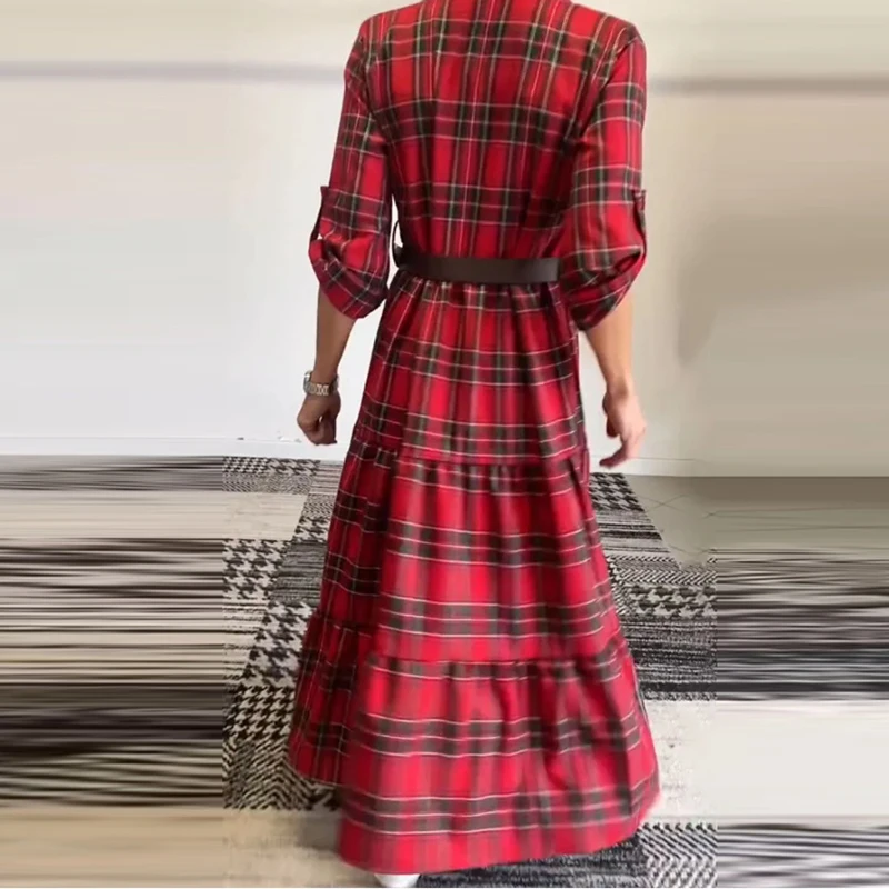 2025 Spring Summer Plaid Printed Commuter Dress for Women Lapel Long Sleeve Shirt Dress Casual Single Breasted Loose Maxi Dress