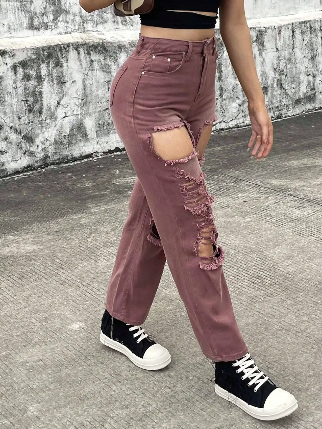 WGXWGX Women's High-Waisted Distressed Denim Jeans Ripped Straight Leg Pink Wash Cotton Blend Streetwear Fashion