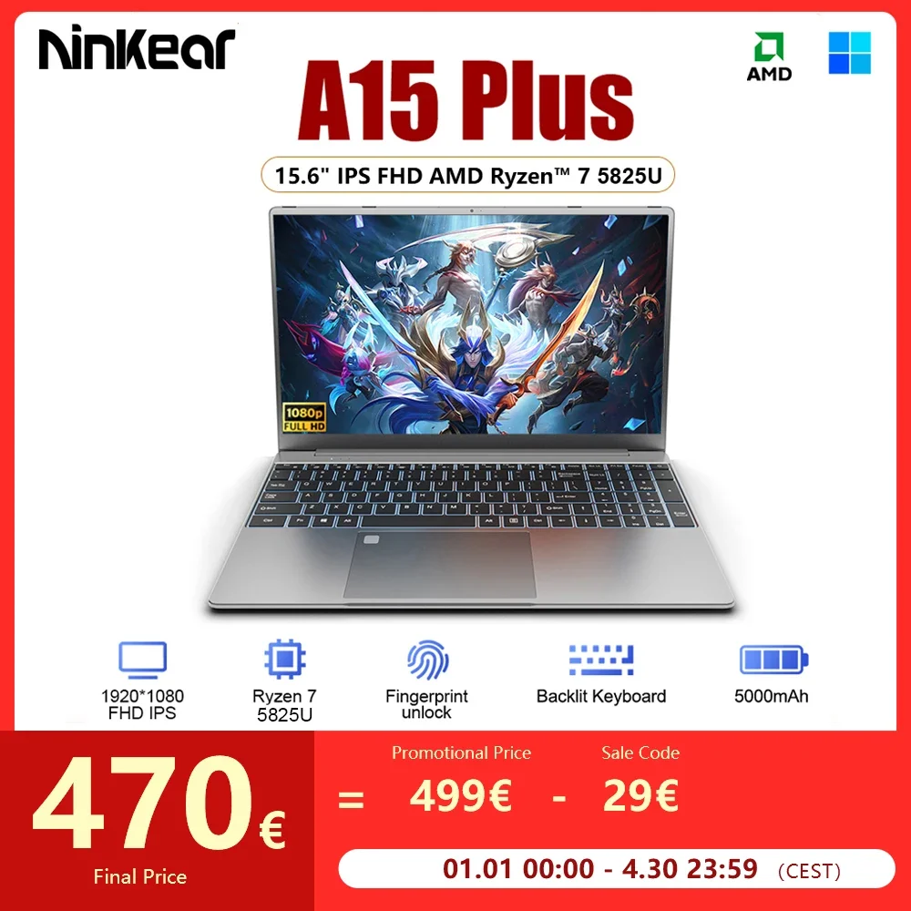 Ninkear a15 plus laptop 15.6 "ips fhd amd ryzen™7 5825u Notebook 32g DDR4 3200MHz 1TB PCI-E 57Wh