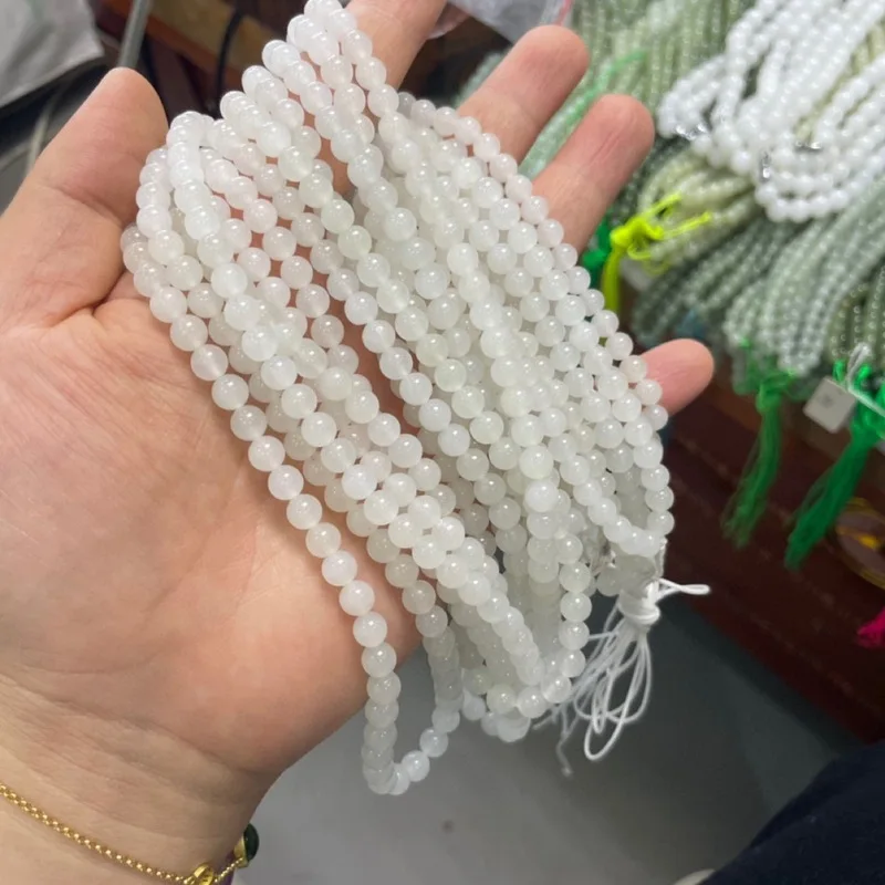 Hetian White Jade Round Old Style 108 Buddha Beads Multi-Loop Bracelet 6Mm Accessories