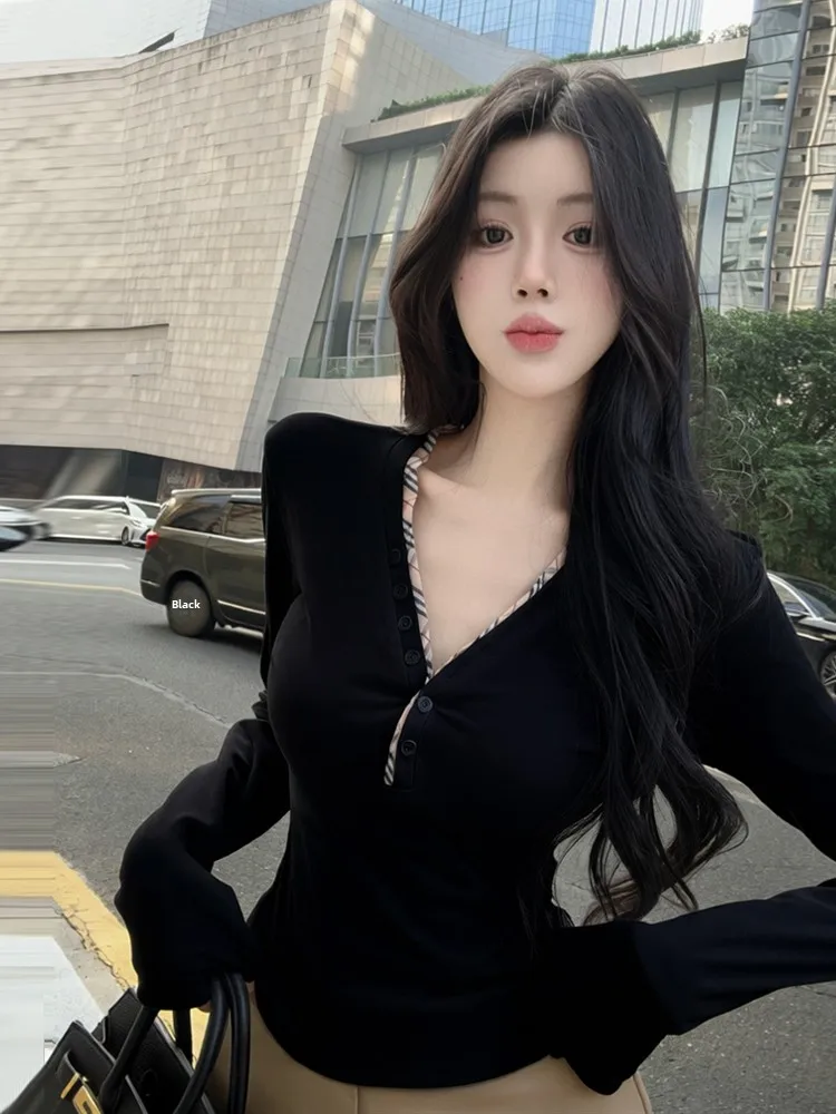 Slim Fit V-Neck Long Sleeve T-Shirt Color Block Base Layer Top Pure Desire Style Early Autumn New Arrival Simple Overhead Kni...