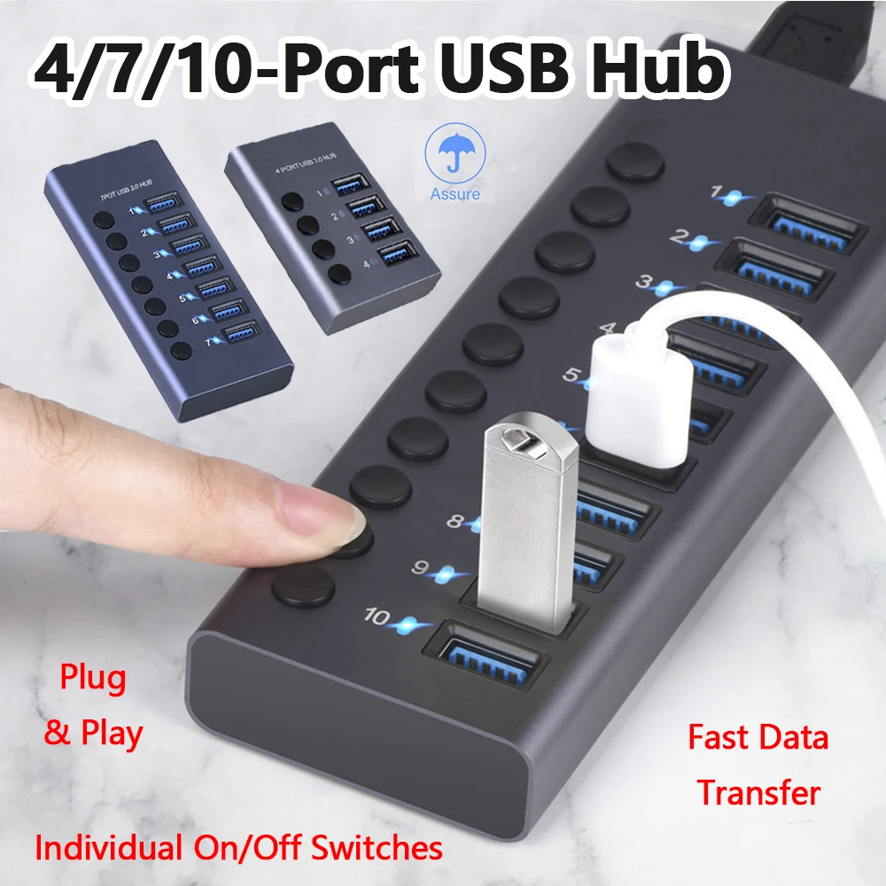 

Multi-Port USB 3.0 Data Hub with 10 Ports, Independent Switches, and Power Adapter