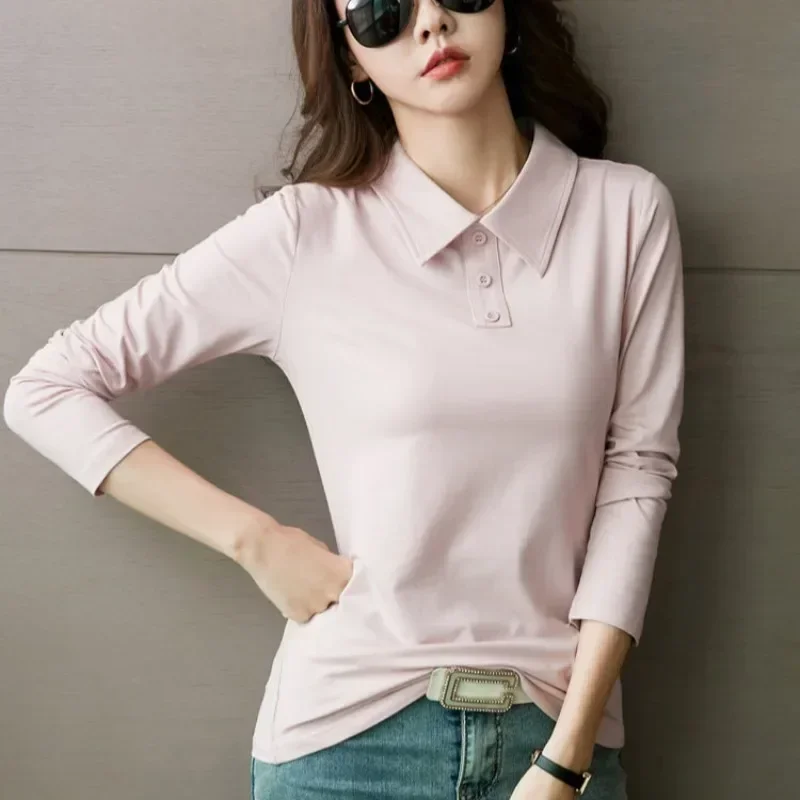High Quality T-shirts 100℅ Cotton Female Tee Long Sleeve With Collar Korean Popular Clothes Basic Pretty Original Women\'s Polo