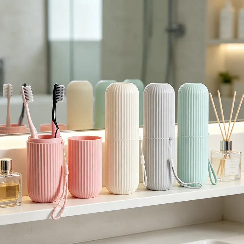 Vertical Striped Travel Toothbrush Cup Portable Plastic Mouthwash Cup With Lanyard Bathroom Toothpaste Storage Mug