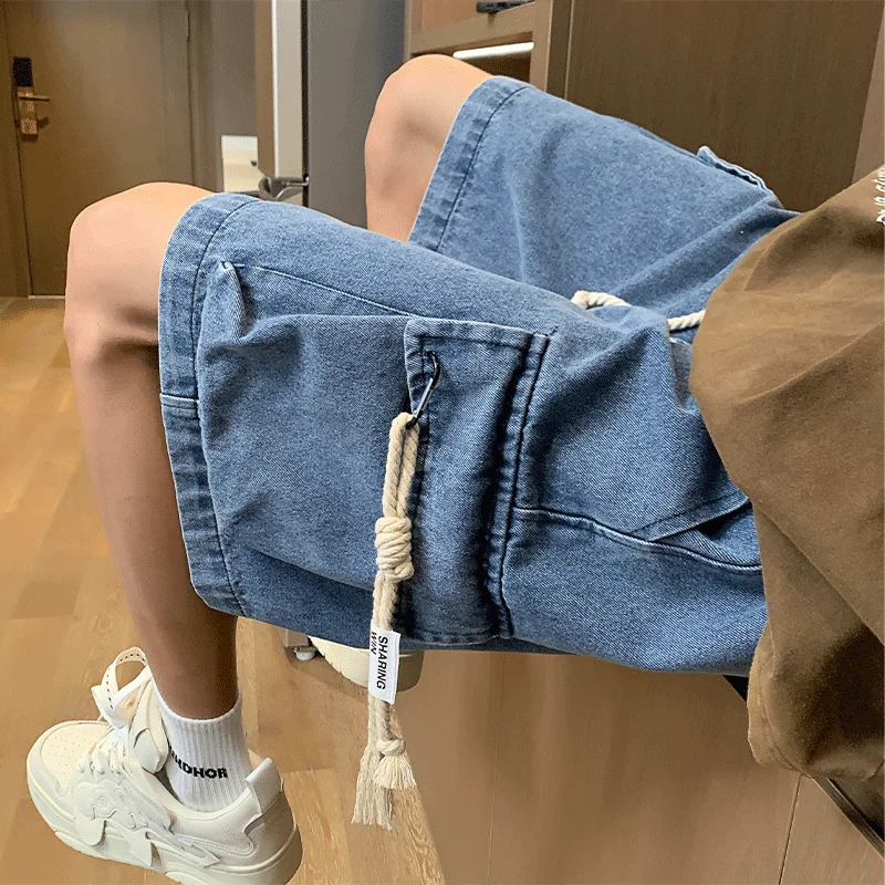 Oversize Workwear Denim Shorts Men's Summer Big Pocket Capris 2023 new American Retro streetwear men cargo pants hip hop jeans