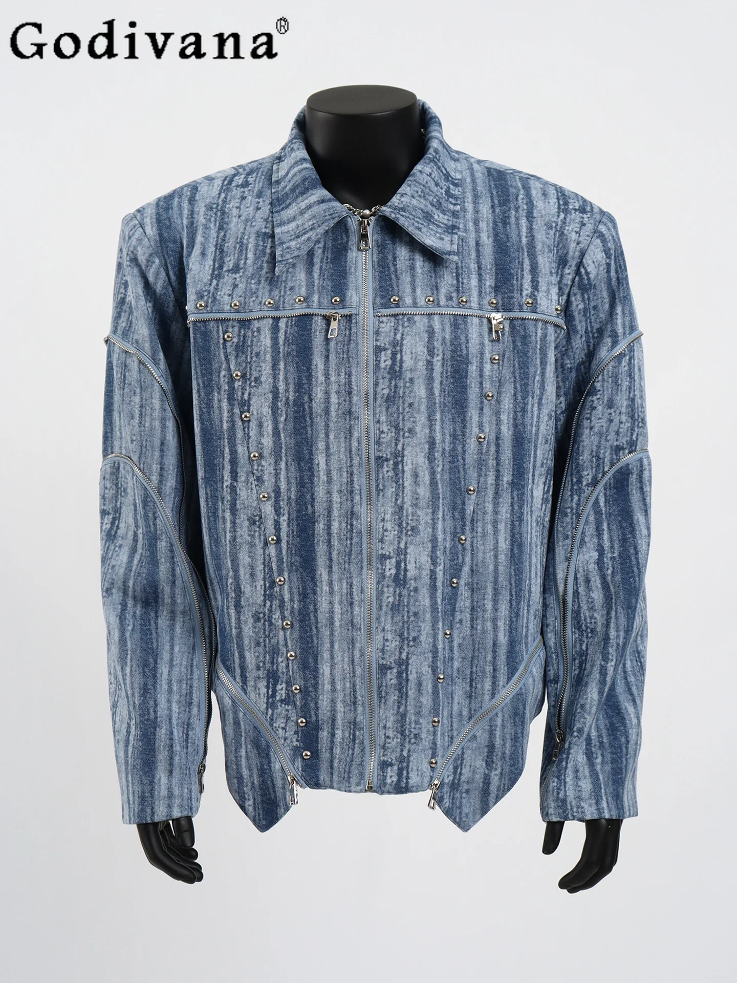 

Модная осенняя мужская одежда, дизайнерская куртка с тяжелыми заклепками, высококачественная легкая роскошная куртка с отложным воротником на молнии для мужчин