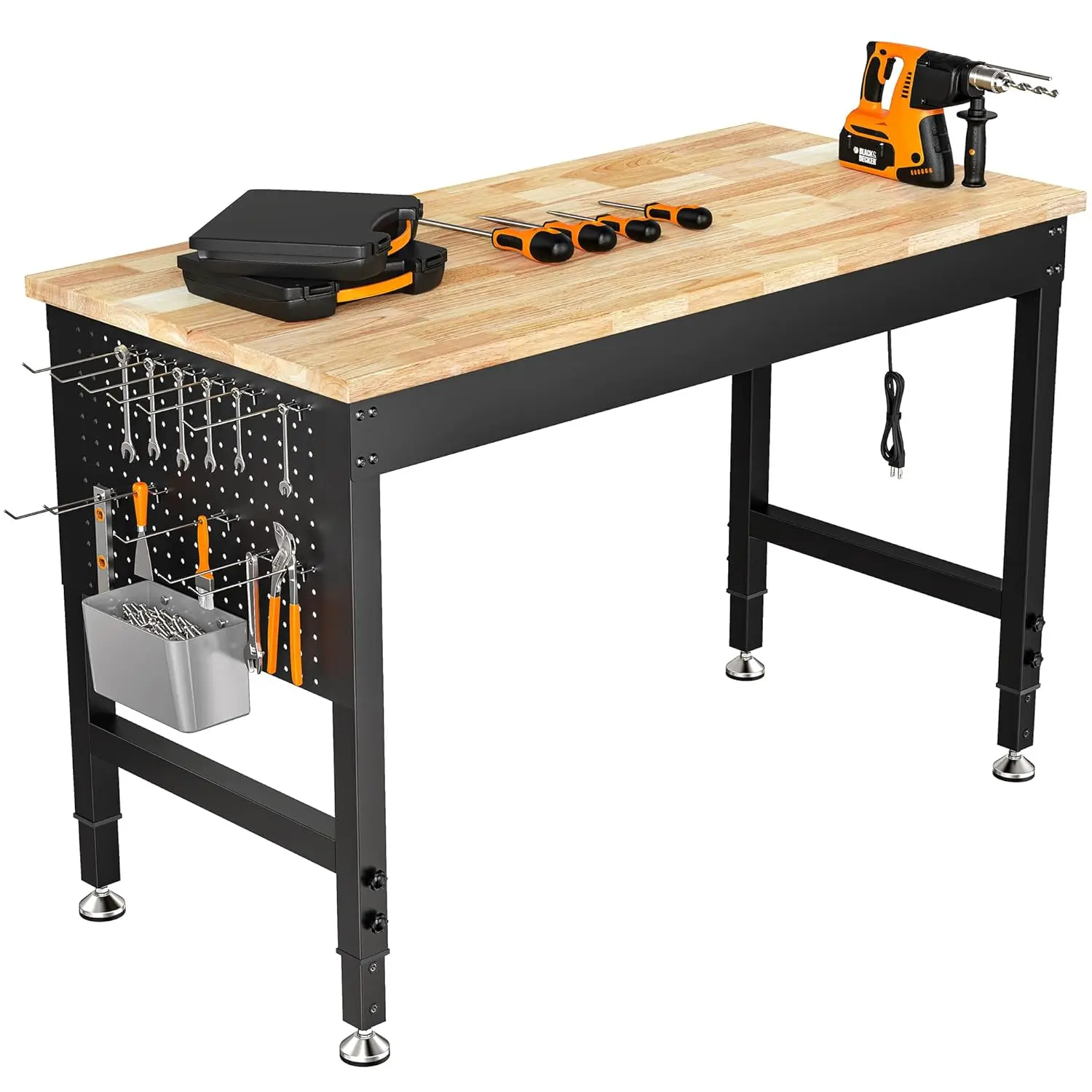 

47.64" Adjustable Heavy Duty Workbench, 2000 LBS Load Capacity Rubber Wood Work Table with Pegboard, Power Outlets,, Customized