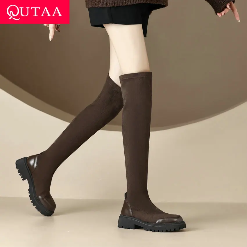 

QUTAA/2024 г. Элегантные сапоги выше колена эластичная обувь с квадратным на среднем каблуке, флок женские высокие сапоги осень-зима размер 34-43