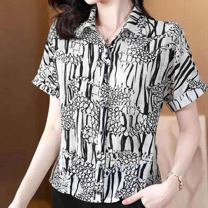 2024 Summer New Women\'s Blouse Polo-Neck Button Printed Ventilate Fashion Elegant Loose Commute Shirt Short Sleeve Casual Tops