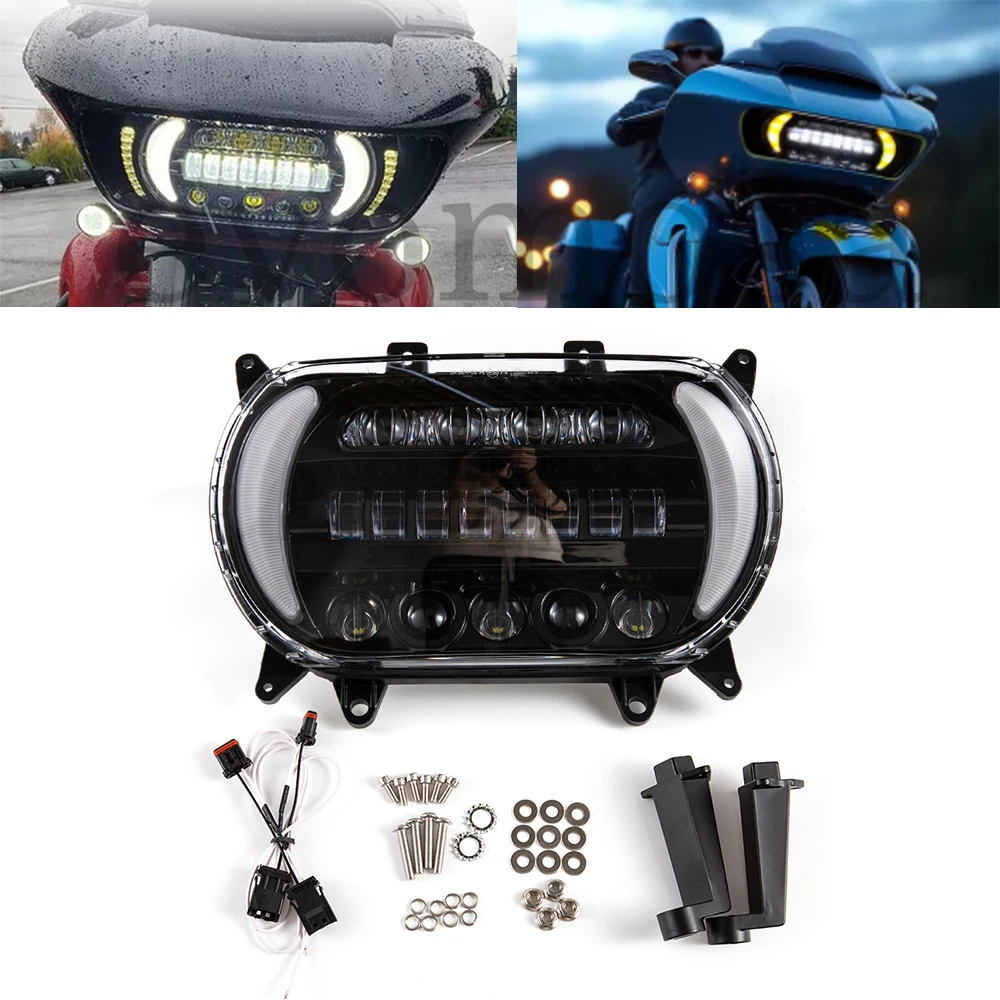 Motorcycle LED Headlight Front Turn Signal Daytime Running Light High Low Beam Lamp For Harley Touring Road Glide FLTRX 15-20