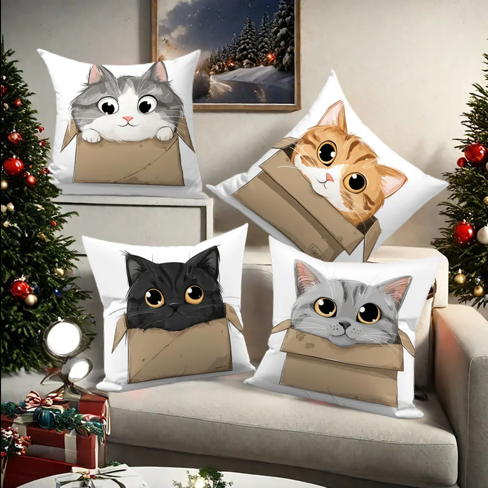 4 Pillow Covers Cute Cat Theme Home Decor Suitable For Any Occasion Featuring Adorable Cats Peeking Out From Boxes