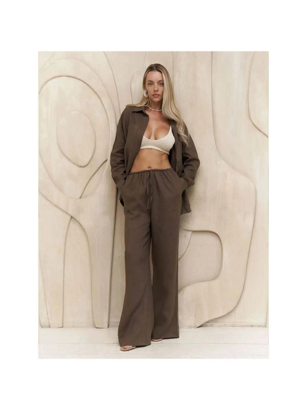 

Cotton Long Sve irt Wide Leg Long Pants Casual Suit Seven-Foot Length Collar f Zipper Tee-Piece Set Faionabl...