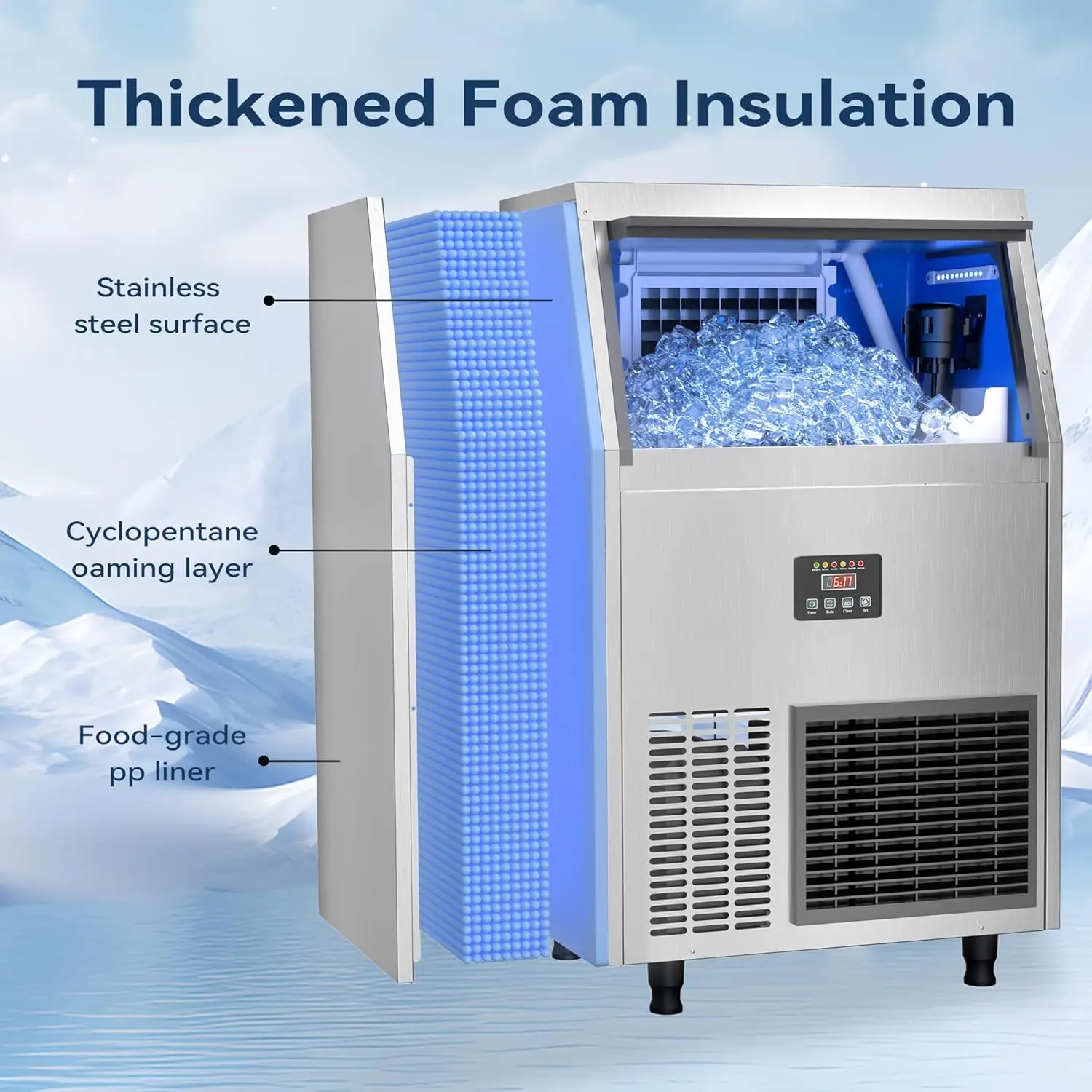 200LBS/24H Under Counter Commercial Ice Maker, 50LBS Storage Air Cooled Self Contained Ice Machine, Customized