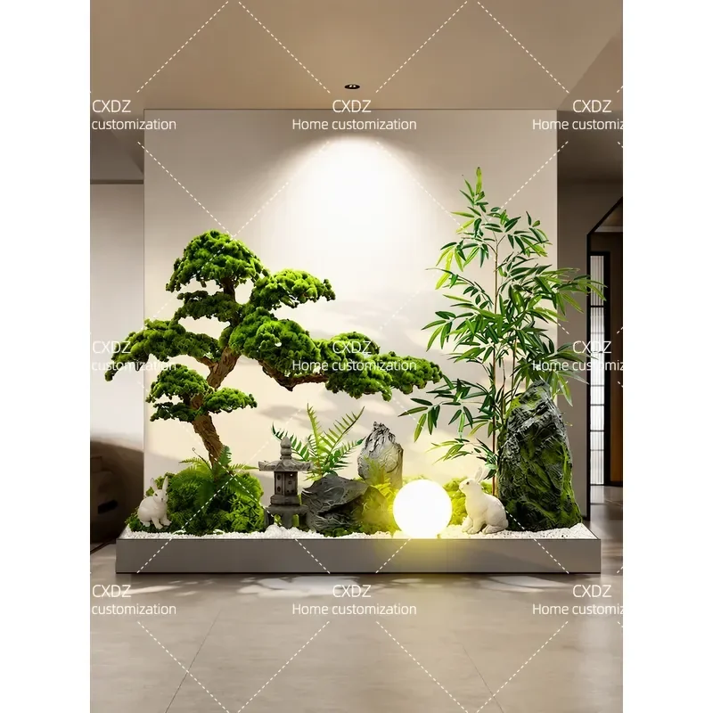 New Chinese-style simulated welcome pine tree, landscaping plants under indoor stairs, landscape entrance, window decoration,