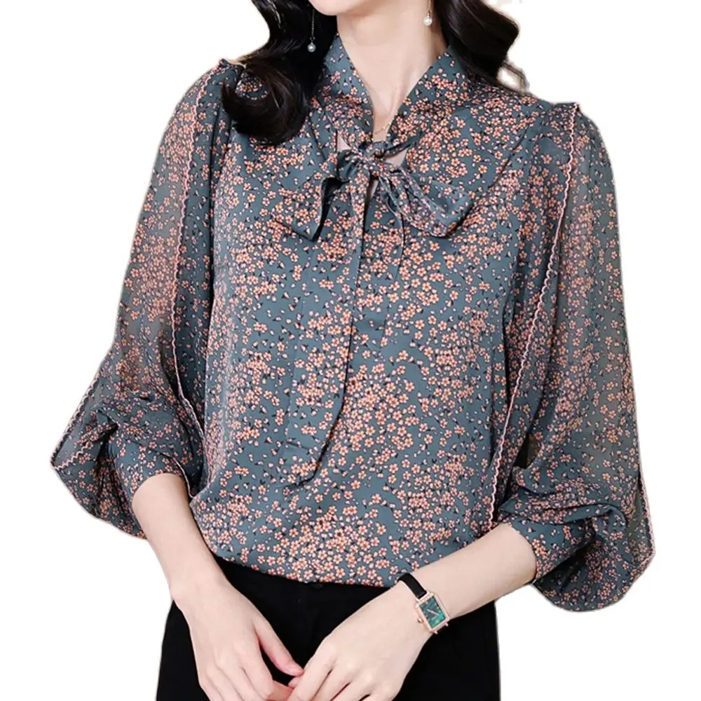 Fashion Printed Women Chiffon Blouses 2024 Casual Bow-Tie Collar Women Clothing Long Sleeve Loose Shirt Women Tops Chemise Femme