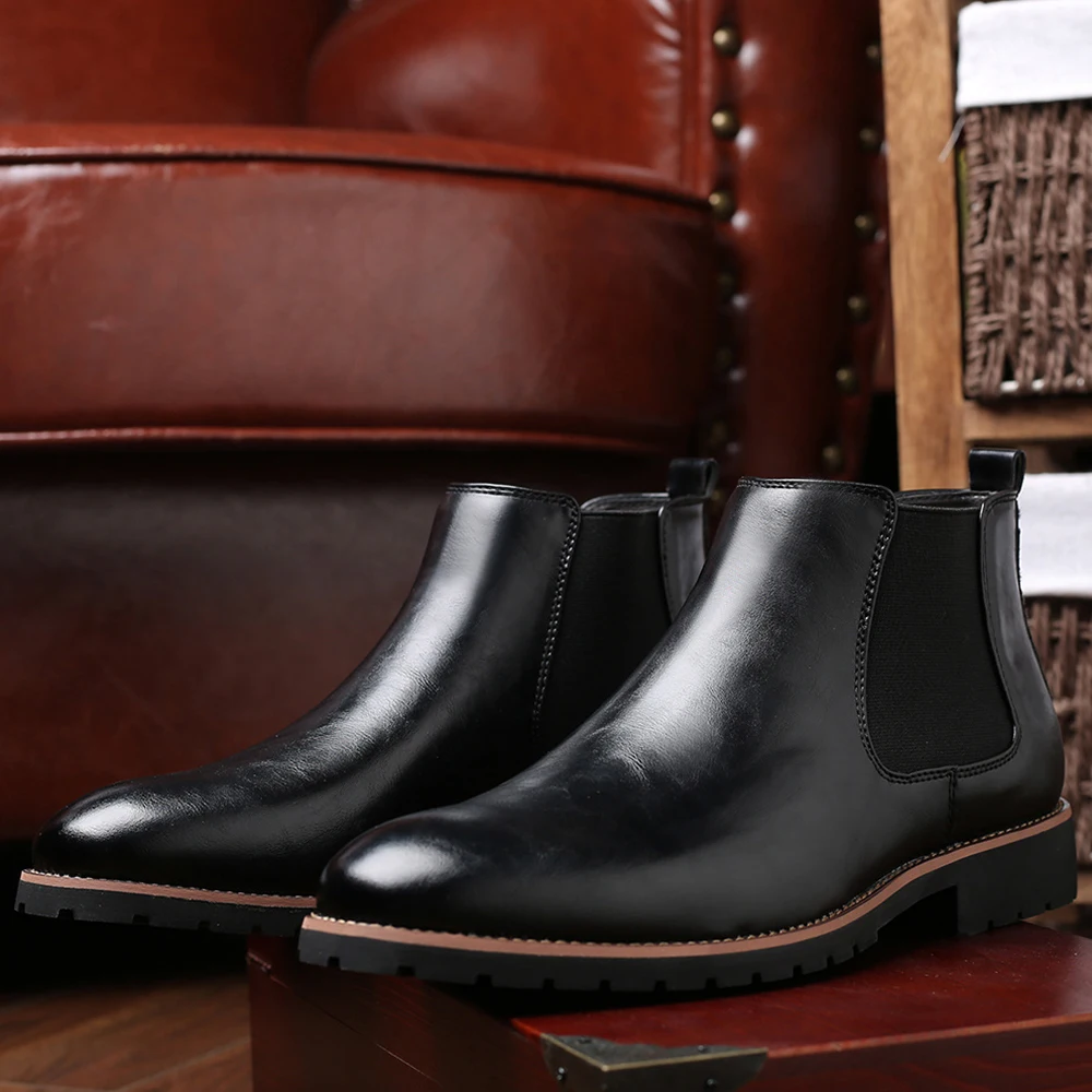 Pointed Toe Slip-on Men's Winter Boots, PU Leather Ankle Chelsea Boots for Man for Spring Autumn Casual Work Office Black Brown