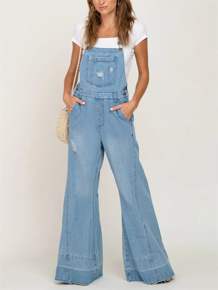 Women Casual Denim Bib Overalls Washed Ripped Baggy Flared Jean Jumpsuit Romper Pants with Pockets for Streetwear