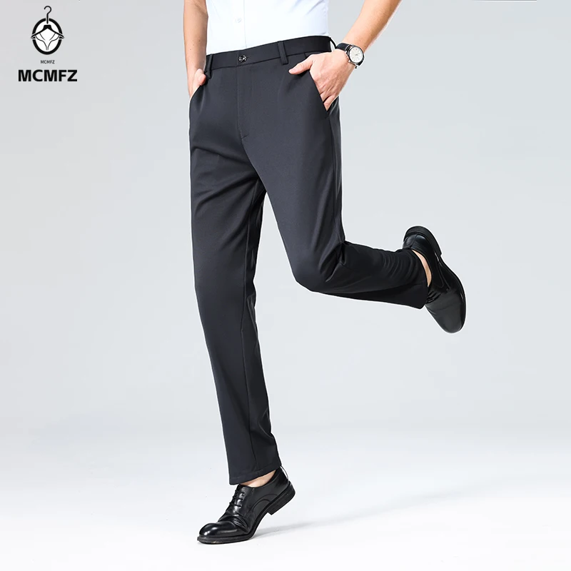 Wrinkle Free Men Daily Commuting Bottoms Four Way Stretch Smooth Fabric Tailored Waist Free Movement Matching Trousers