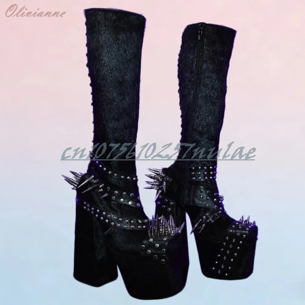 

Cool Punk Metal Rivets Decor Knee High Boots Black Chunky High Heels Fashion Party Stage Performance Women Shoes 2026 New Sexy