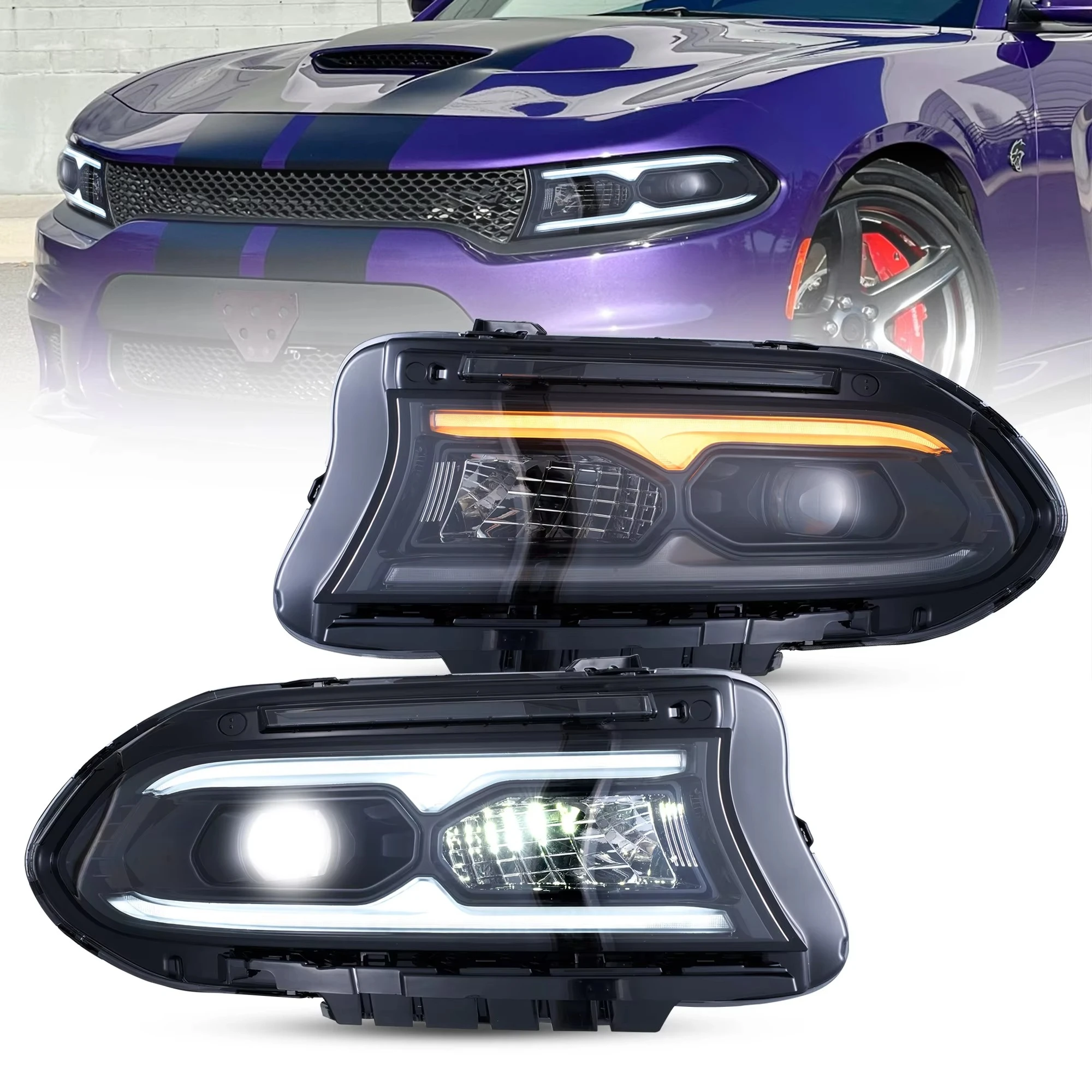 Suitable for Dodge Charger LD Upgrade Front LED Headlight Fit 2015-2021, Plug-and-Play Installation, Matched To Car Circuit