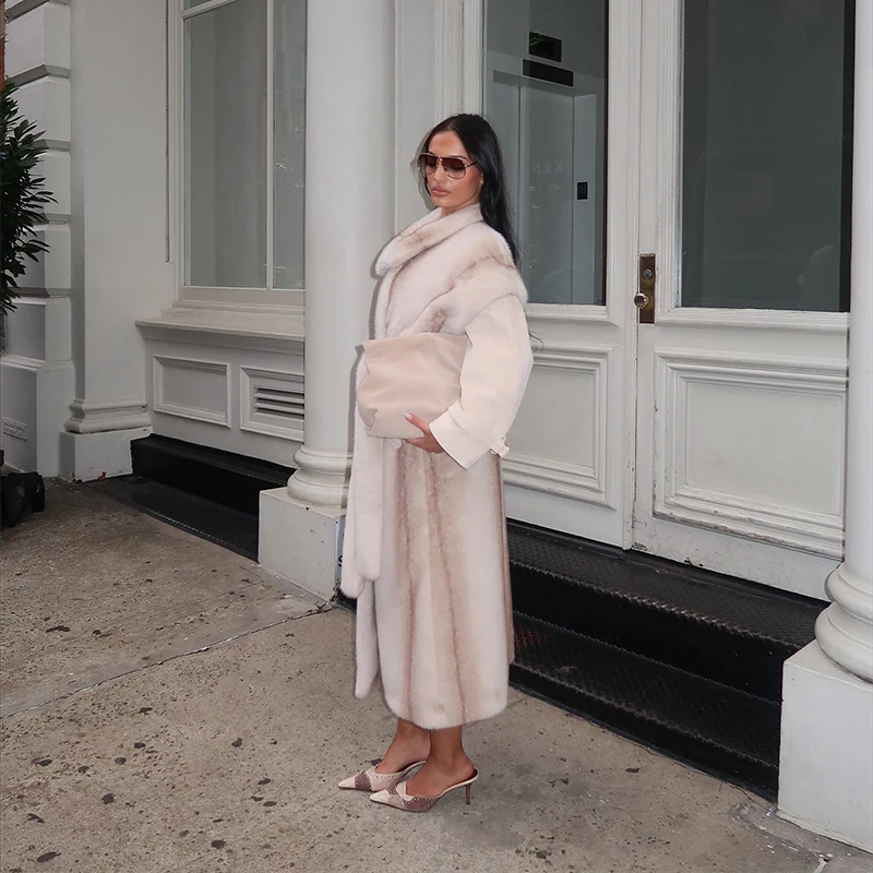 Engrossar casaco de inverno feminino luxo pele do falso jaquetas longas com cinto lapela manga curta solto outwear 2025 novos casacos quentes senhora