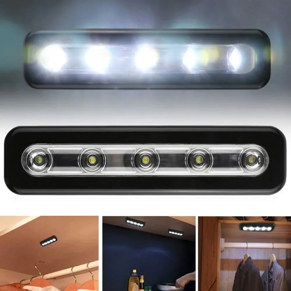 Battery Power 5 LED Wireless Night Light 3x AAA Kitchen Under Cabinet Light Lamp Strip Night Lights Touch Closet Wall Lamp