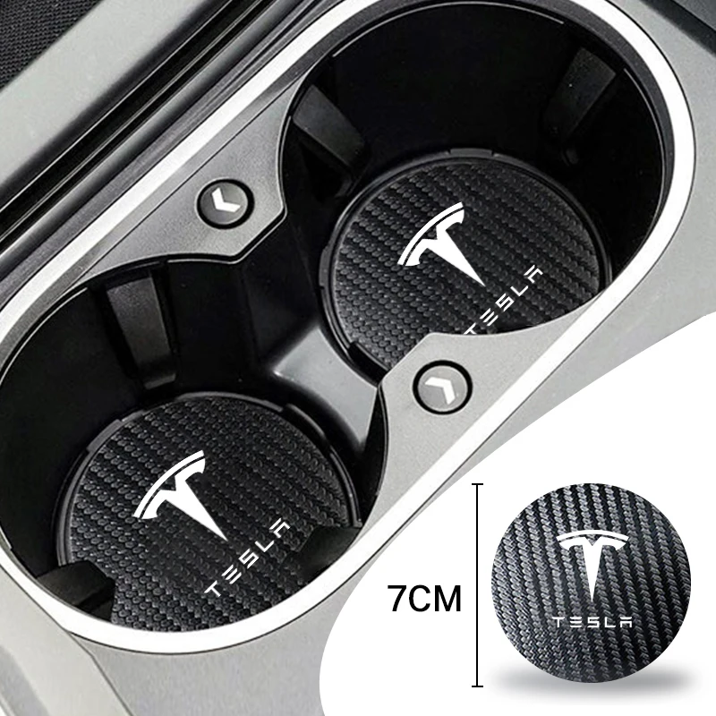 2Pcs Car Logo Carbon Leather Water Cup Pad Anti-noise Coaster Mat For Tesla Model 3 Model S X Y Roadster SpaceX Auto Accessories