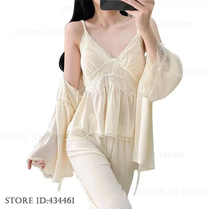 Elegant French Style Sexy Lace Cardigan Trouser Women Sleepwear Pijamas Suit Autumn New Velvet Pajamas 3Pcs Set Loungewear