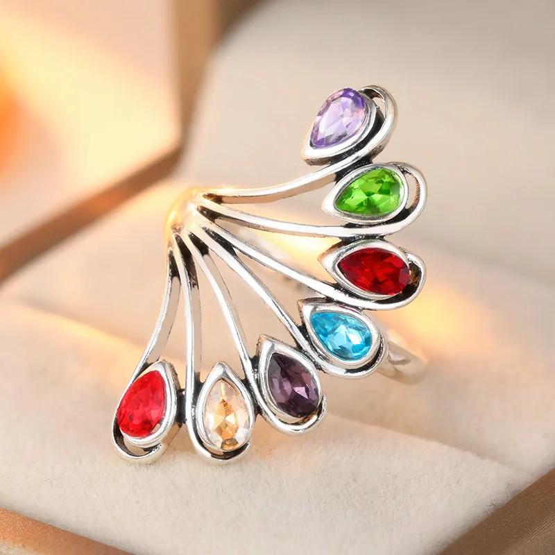 Fashion Colored Droplet Synthetic Zirconia Charm Fan Shaped Ring Women's Luxury Chic Design Banquet Festival Personality Jewelry