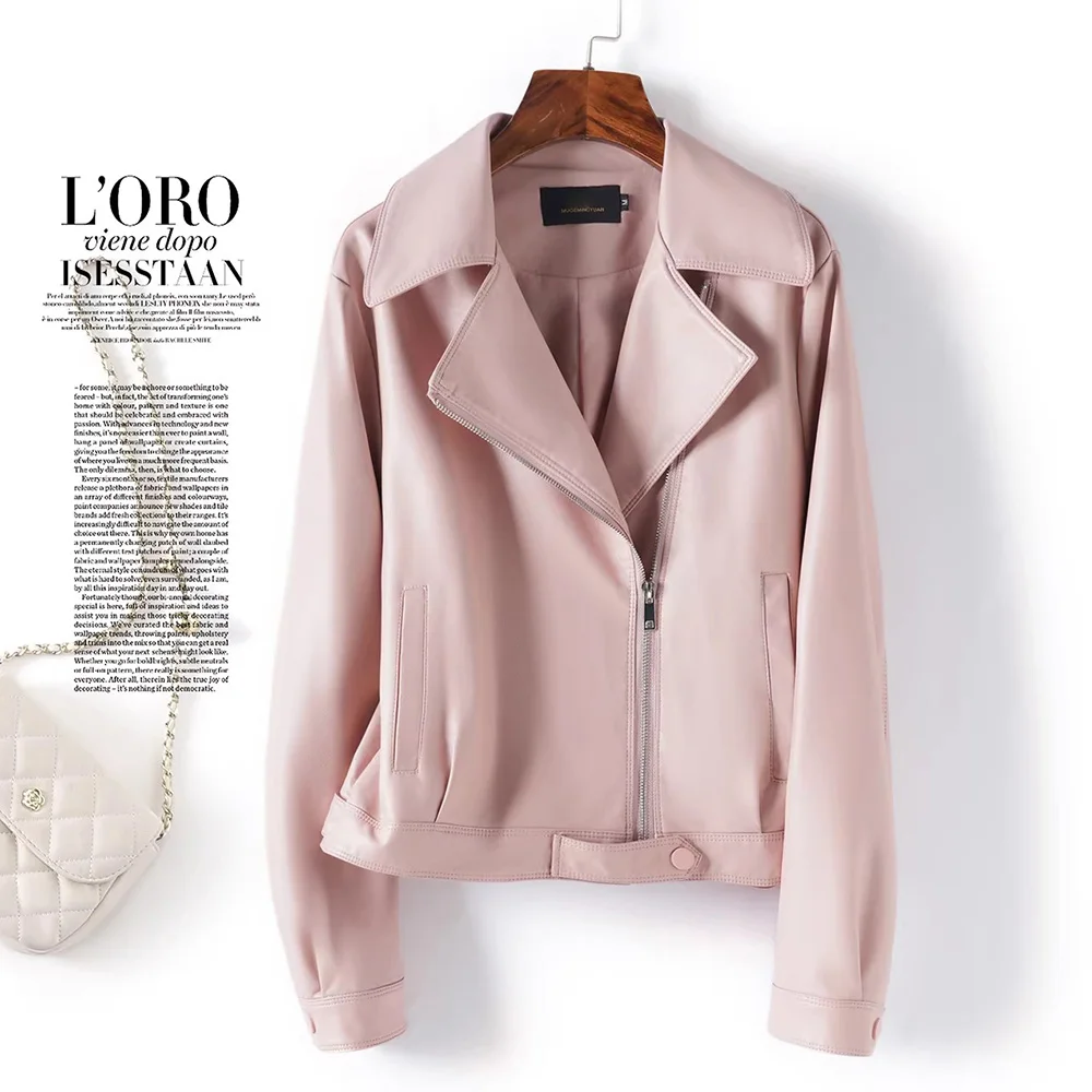 New Women Split Leather Short Coat Spring Autumn Fashion Turn-down Collar Long Sleeve Leather Jacket Simplicity Sweet Jacket