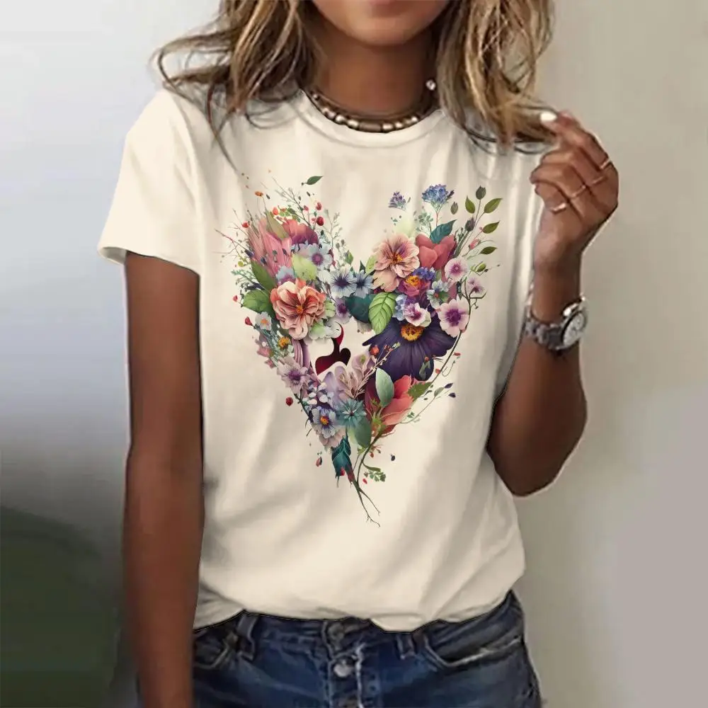 Fashion 3D Flower Love Printing T Shirt For Women Cute Girl Short Sleeve Tops Casual O-neck Loose Pullover Summer Trend Clothing