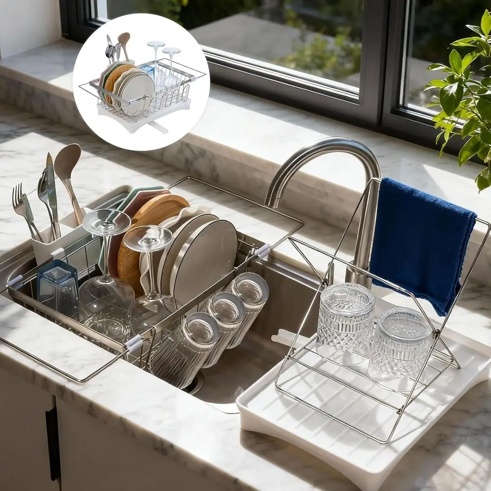 

Expandable 2-in-1 Countertop & Sink Dish Drying Rack, Stainless Steel with Drain Board and Multi-Functional Kitchen Rack, Large