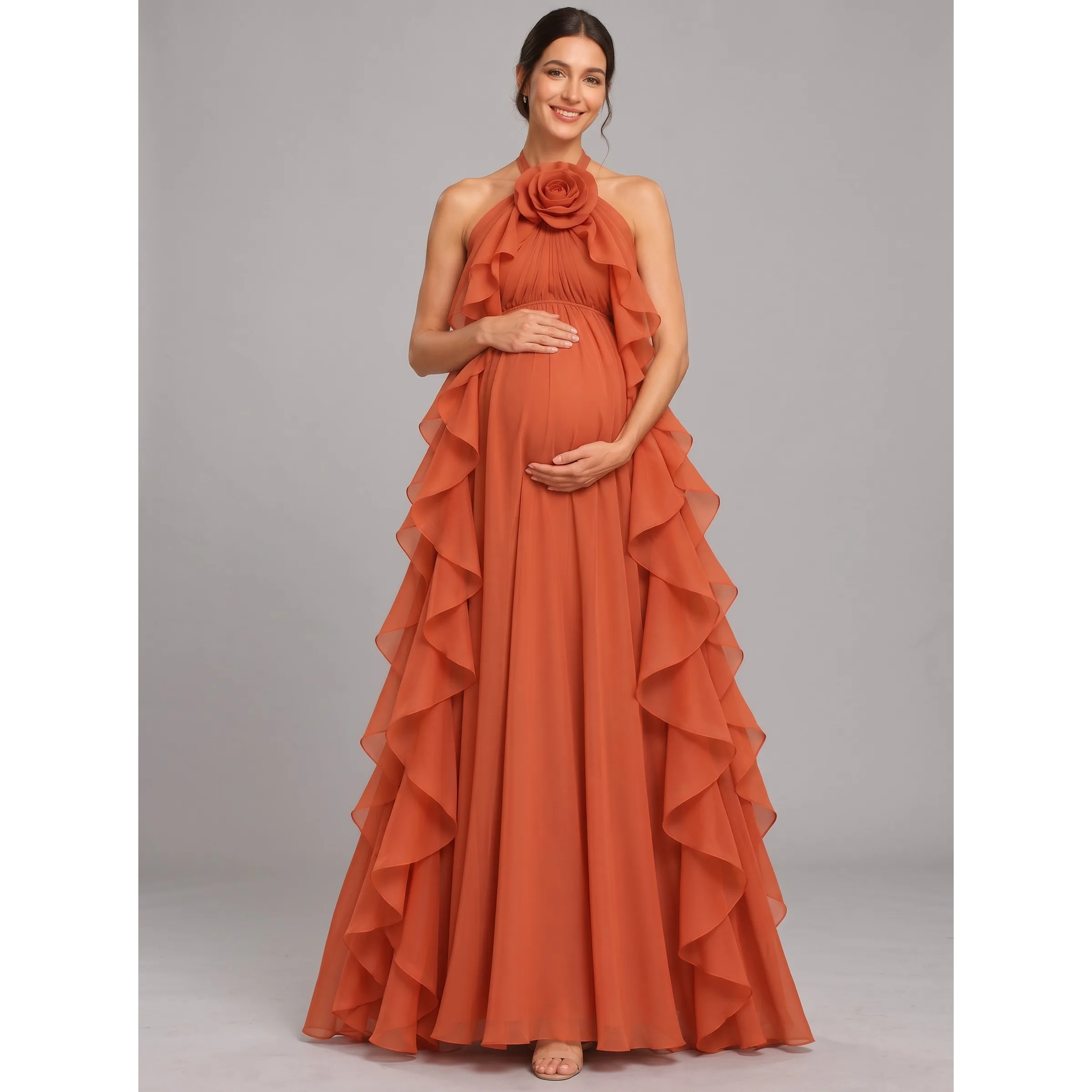 Terracotta Pregnant Dress for Photo Shoot 3D Flower Halter Neck Long Maxi Maternity Skirt Autumn Baby Shower Dress L-26941