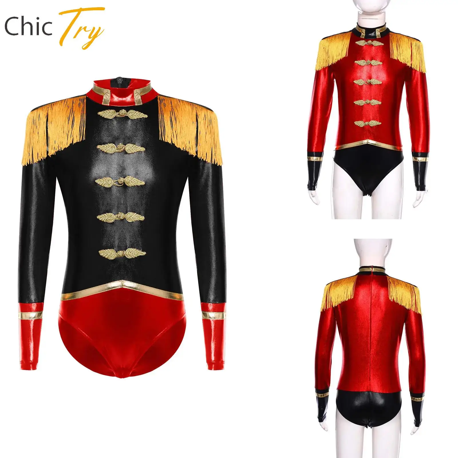 

Girl Halloween Circus Bodysuit Long Sleeve Tassel Epaulets Contrast Color Leotard Ringmaster Carnival Cosplay Masquerade Costume