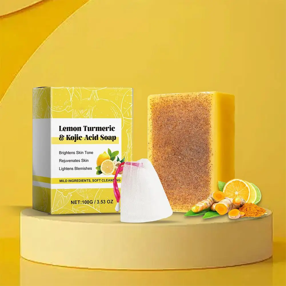 100g Lemon Turmeric Kojic Acid Soap Deeply Cleansing Glowing Body Rejuvenating Exfoliating Even Skin Tone Handmade Soap