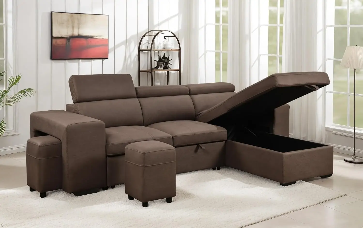 

102'' Microfiber Sectional Sleeper Sofa with Pull Out Bed, Reversible Storage Chaise, 4 Seats L Shaped Sectional Couch w