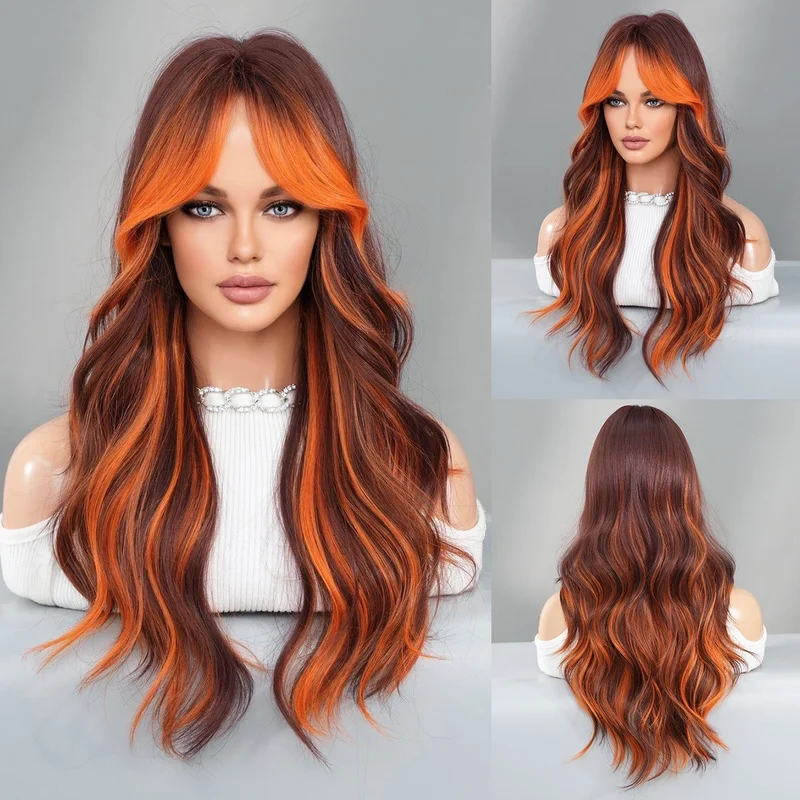 Long wavy hair with parted bangs synthetic fiber high-temperature hairpiece