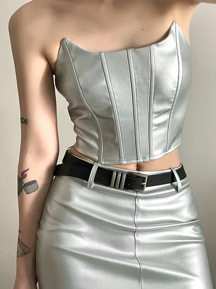 

ADAgirl Sexy Silvery Irregular Tank Tops Streetwear High Waisted Mini Skirt Slim Fit Summer Fashion 2 Piece Sets Womens Outfits