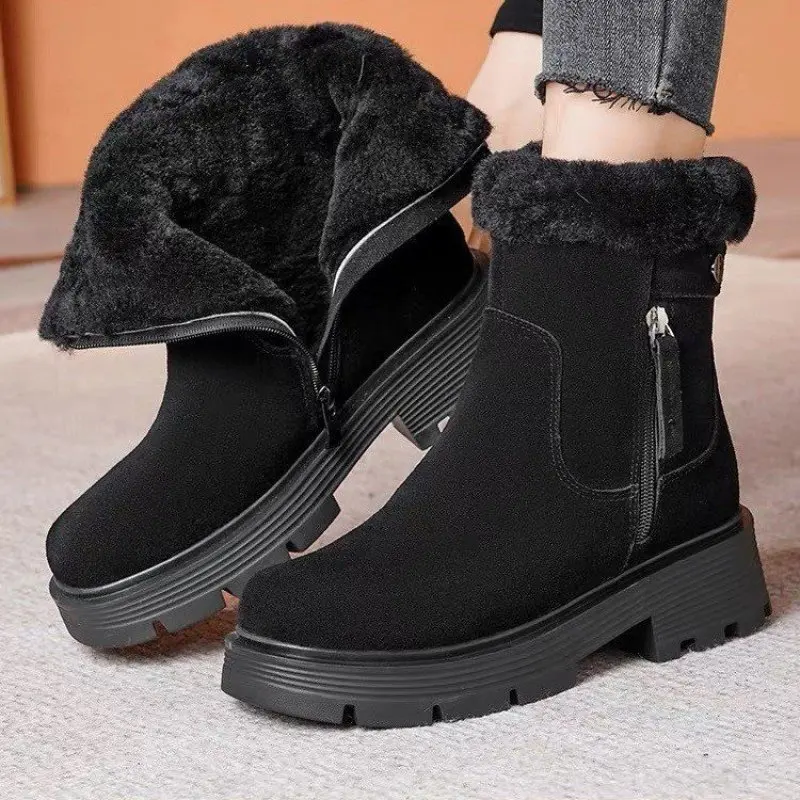 Boots For Women Round Toe Side Zipper Motorcycle Boots 2024 Winter New Suede Platform Shoes Mid Calf Flat With Shoes Casual New